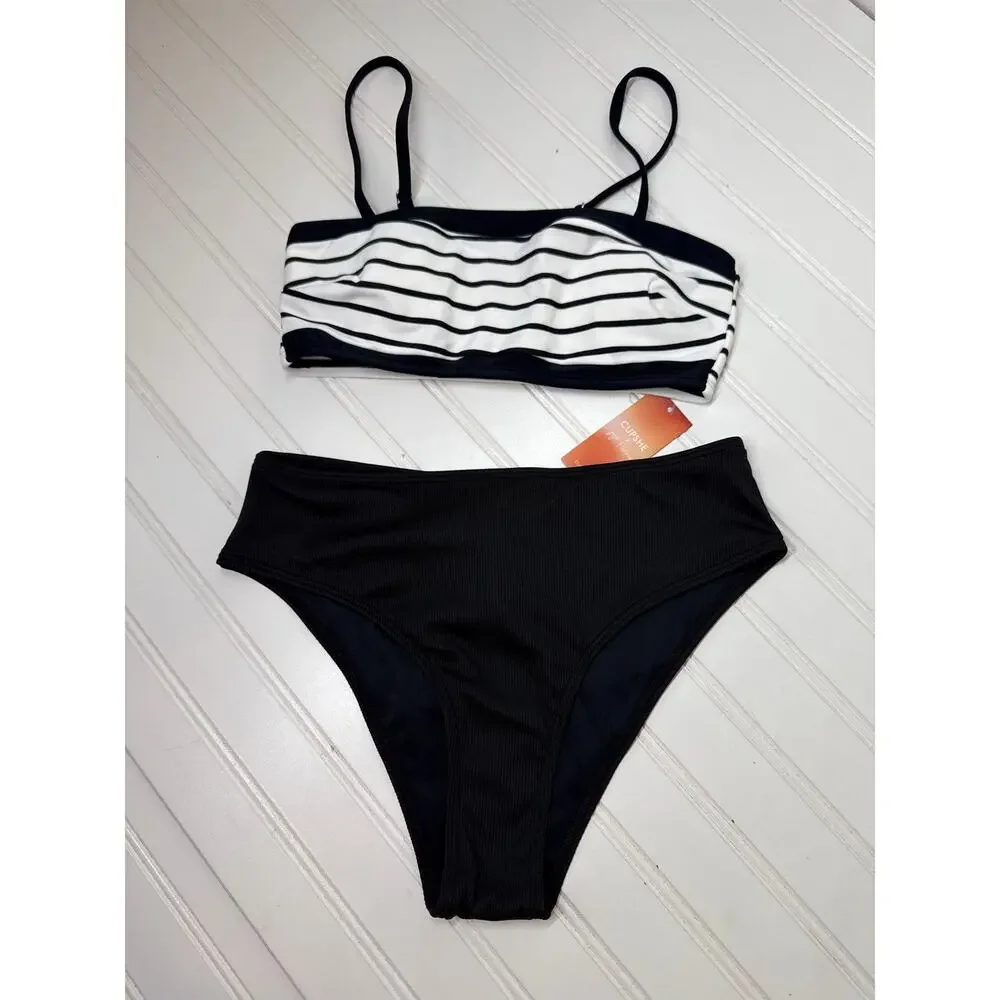 NWT Cupshe 2 PC Swimsuit - Bandeau Colorblocked Top & High Waist Bottom BUNDLE S